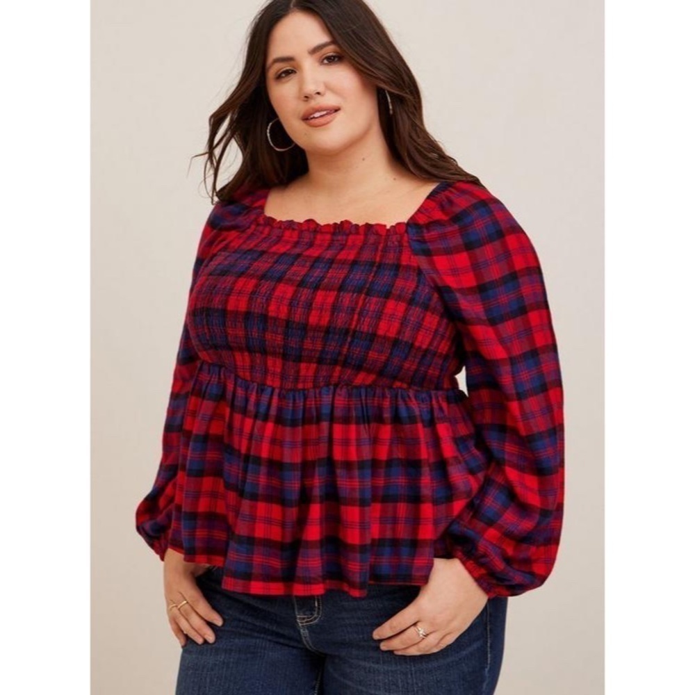 Torrid Plaid Flannel Brushed Smocked Long Sleeve Red Blue Top, Size 4X